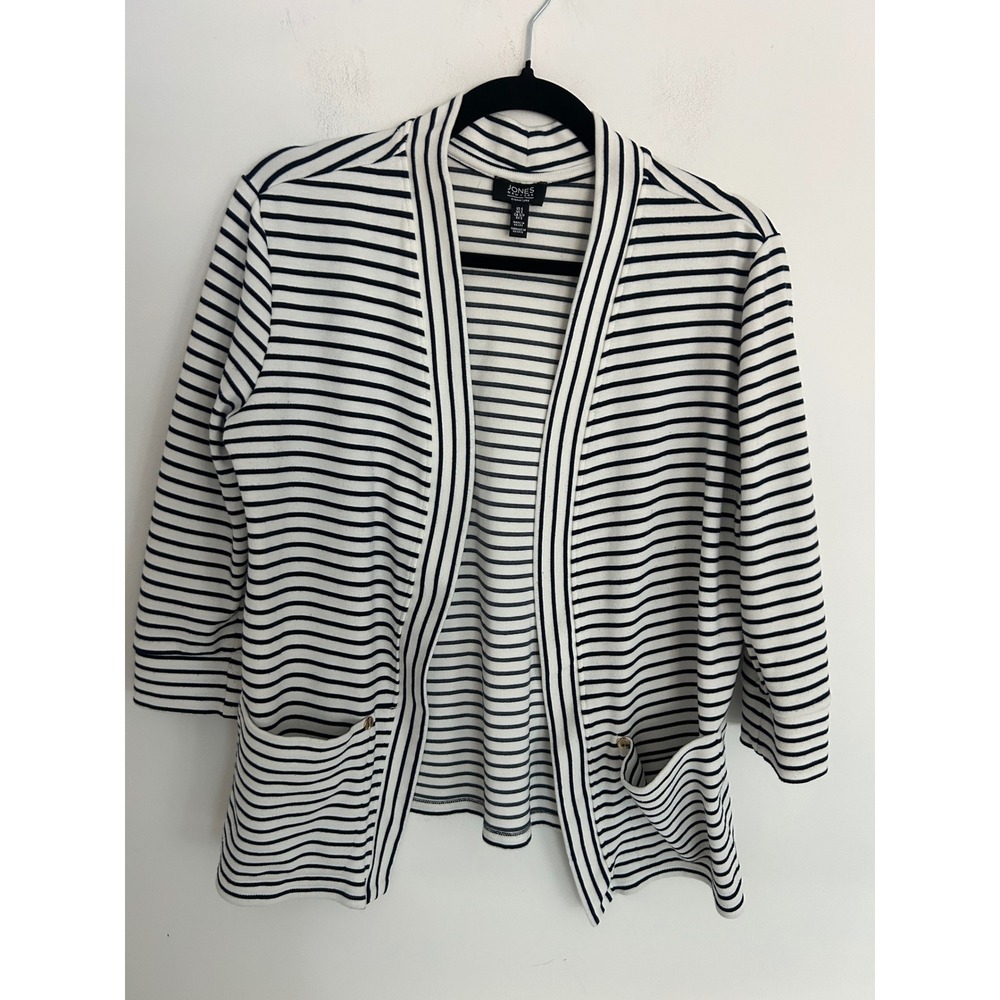 Jones New York Signature Striped Open Front Cardigan Navy White Small‎
